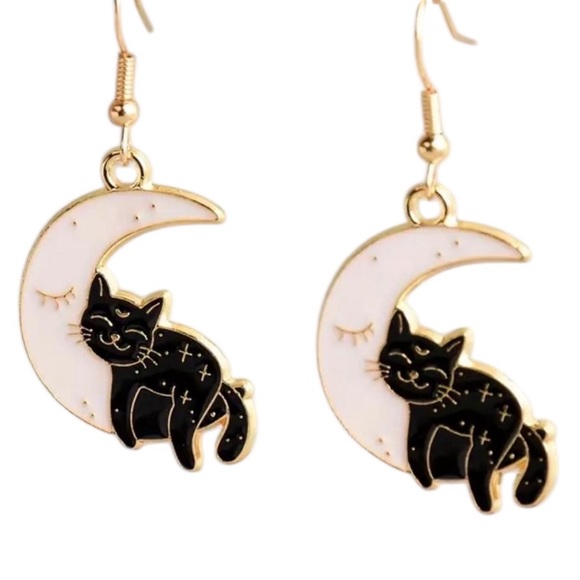 Whimsy_and_Rose Jewelry - Enamel Moon Black Cat Dangle Earrings